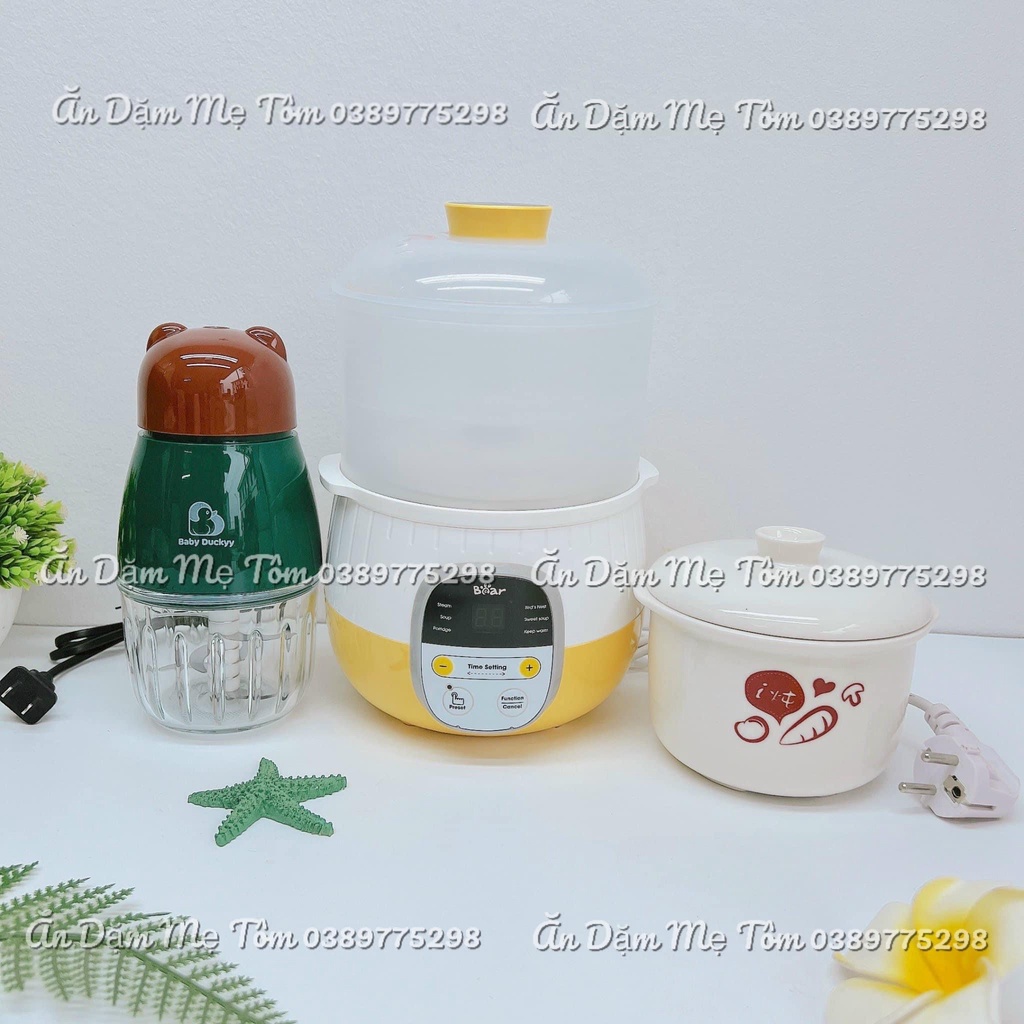 COMBO SIÊU HOT Nồi nấu cháo chậm Bear 0,8l + Máy Xay Ăn Dặm 1 Cối Cho Bé Baby Duckyy