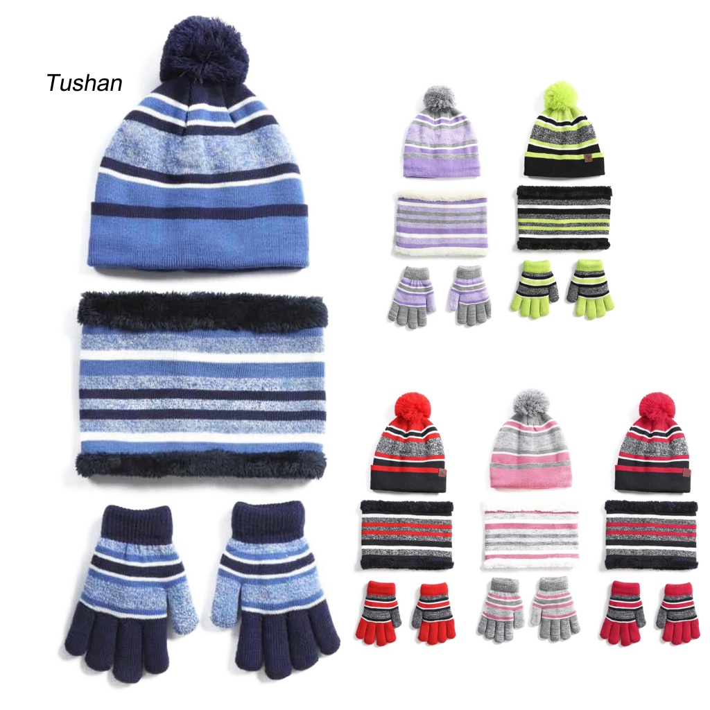 1 Bộ Găng Tay Và Mũ Dệt Kim Dày Dặn Mềm Mại Co Giãn Họa Tiết Kẻ Sọc Thời Trang Thu Đông Cho Bé