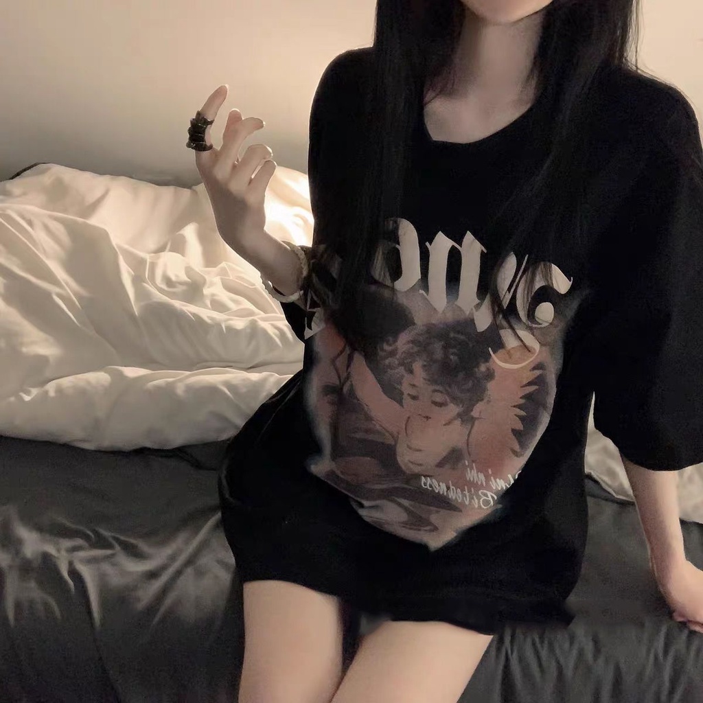 Áo Thun Nữ Tay Ngắn Dáng Rộng Bằng Vải Cotton