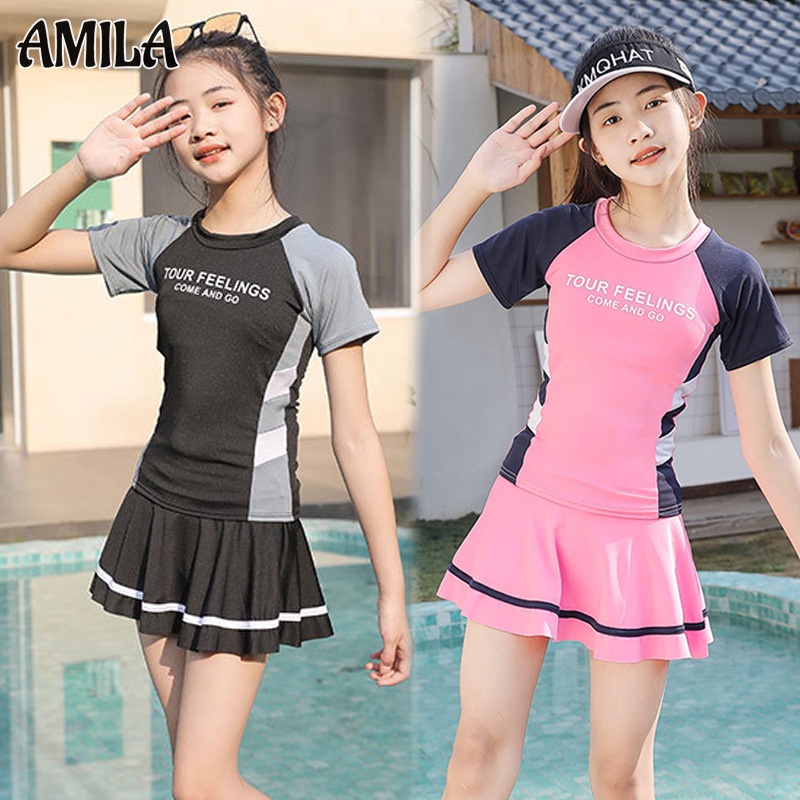 Bộ đồ bơi thể thao AMILA tay ngắn chống nắng có miếng đệm ngực nhanh khô cho bé gái