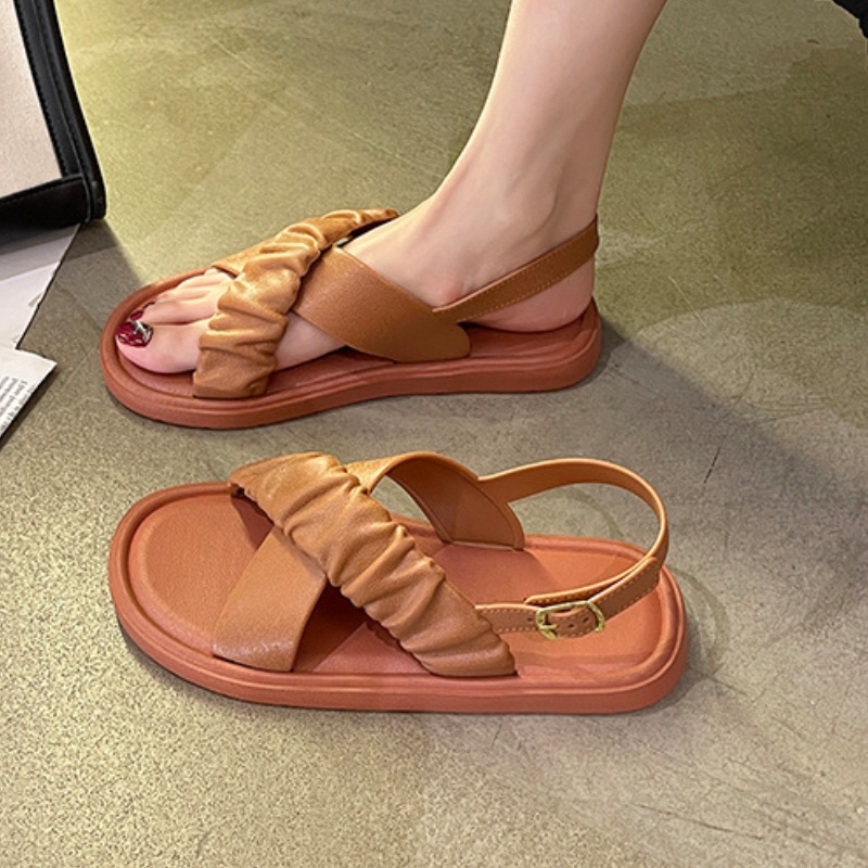 Giày Sandal Đế Bệt Quai Chéo Màu Trơn Thời Trang Nữ 2023