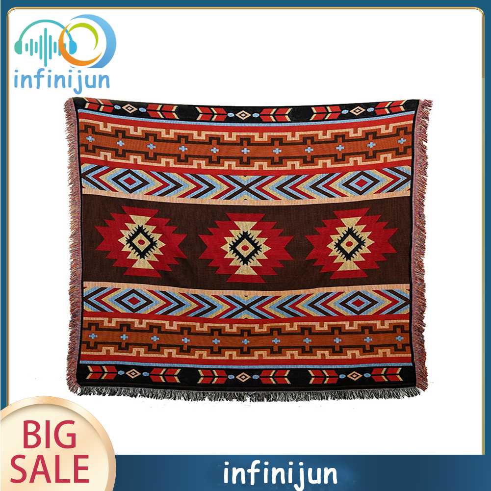 Thảm Cotton Dệt Kim Họa Tiết Thổ Cẩm Phối Tua Rua Có Thể Gấp Gọn Tiện Dụng Mang