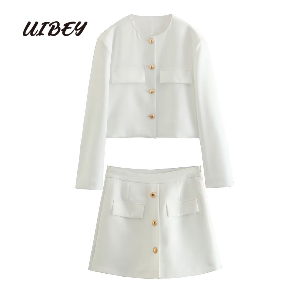 Uibey Bộ Áo Cổ Tròn Cài Nút Vàng + Chân Váy Lửng Dáng Dài Thời Trang 8443
