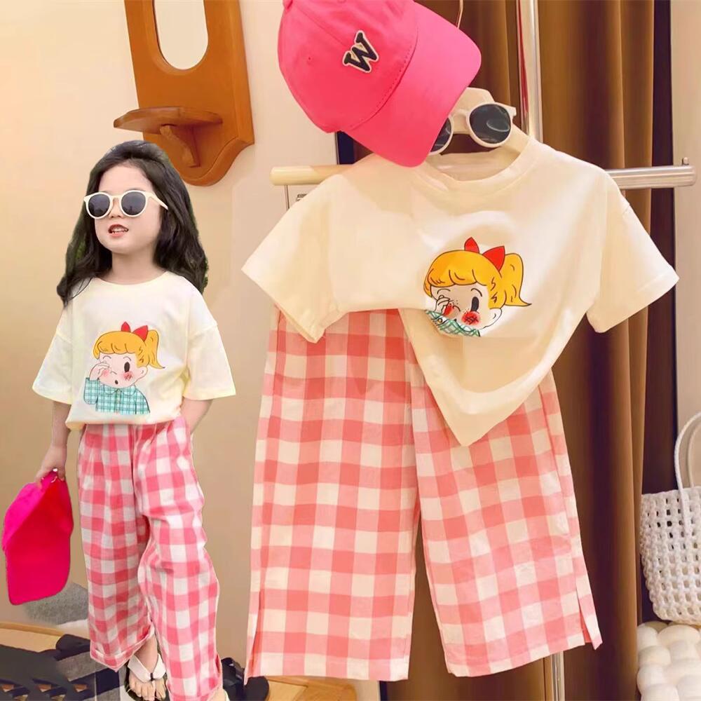 Set Áo Thun Tay Ngắn Và Quần Dài Họa Tiết Caro Dễ Thương Thời Trang Mùa Hè Cho Bé Gái
