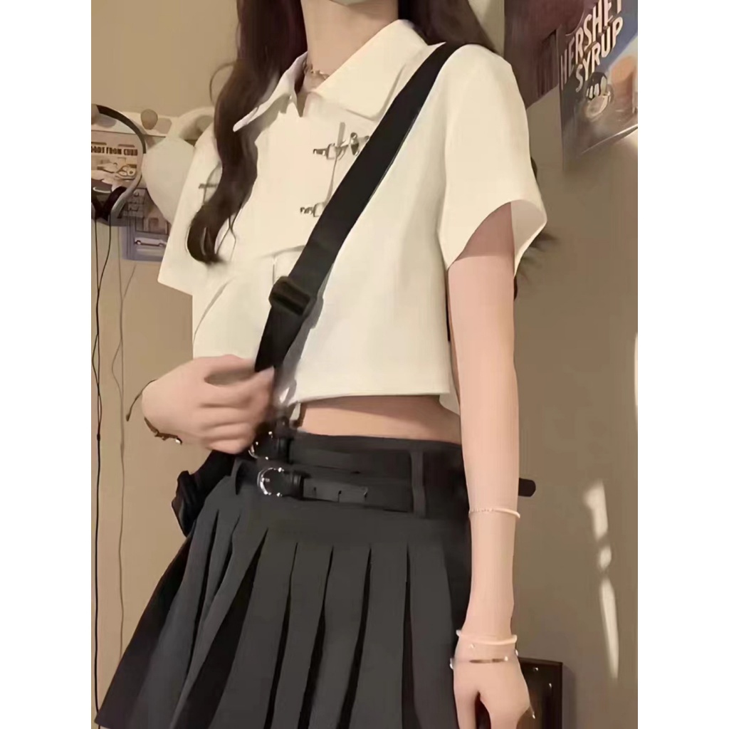 Áo Sơ Mi Chữ A / Áo Thun Tay Ngắn Cổ Bẻ Xếp Ly Eo Cao Thời Trang Mùa Hè Cho Nữ [xiaoxingyun]