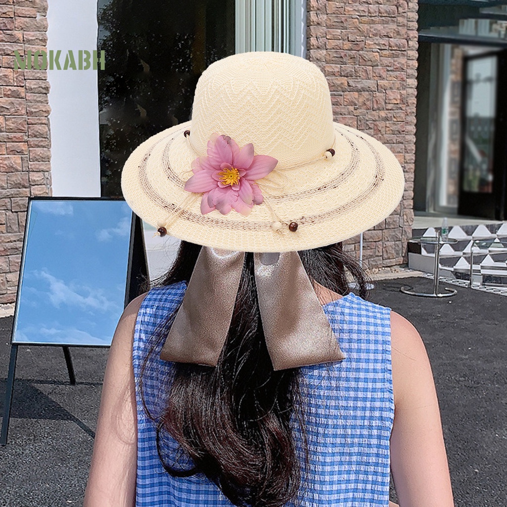 Nón Cối Rộng Vành Màu Trơn Đính Hạt Hoa Phong Cách Hàn Quốc Cho Nữ