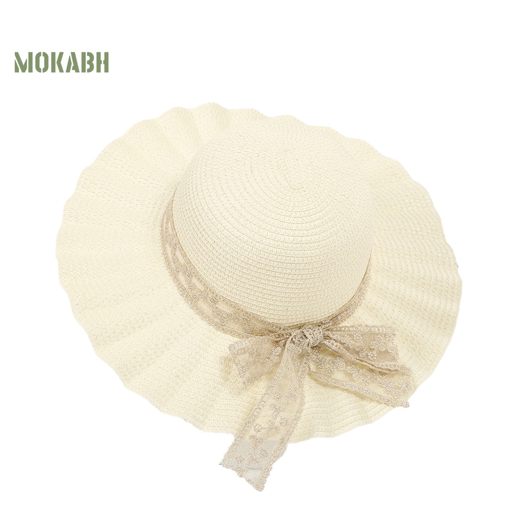 [Mok Abh] Mũ Rơm Rộng Vành Chống Nắng Thắt Nơ Thủ Công Kiểu Cổ Điển Bảo Vệ Xếp Ly Đi Biển Du Lịch Cho Nữ