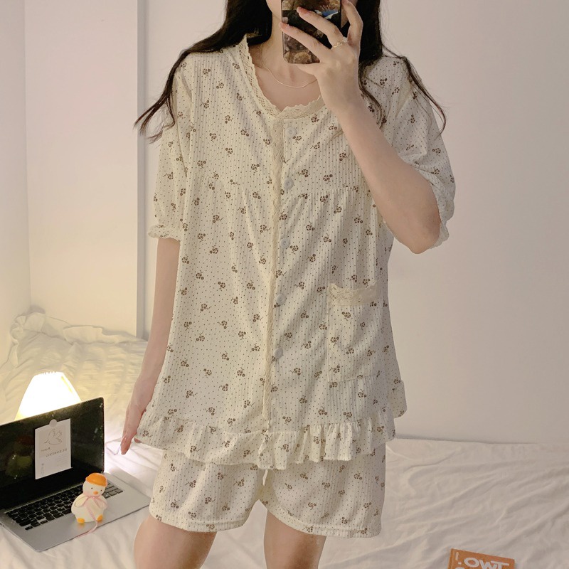 Bộ Đồ Ngủ Ngắn Tay Viền Ren Phong Cách Pháp Ngọt Ngào Mới Cho Nữ