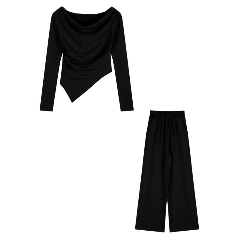 COZOK Set Áo Thun Dài Tay Trễ Vai + Quần Dài Lưng Cao Thời Trang Nữ