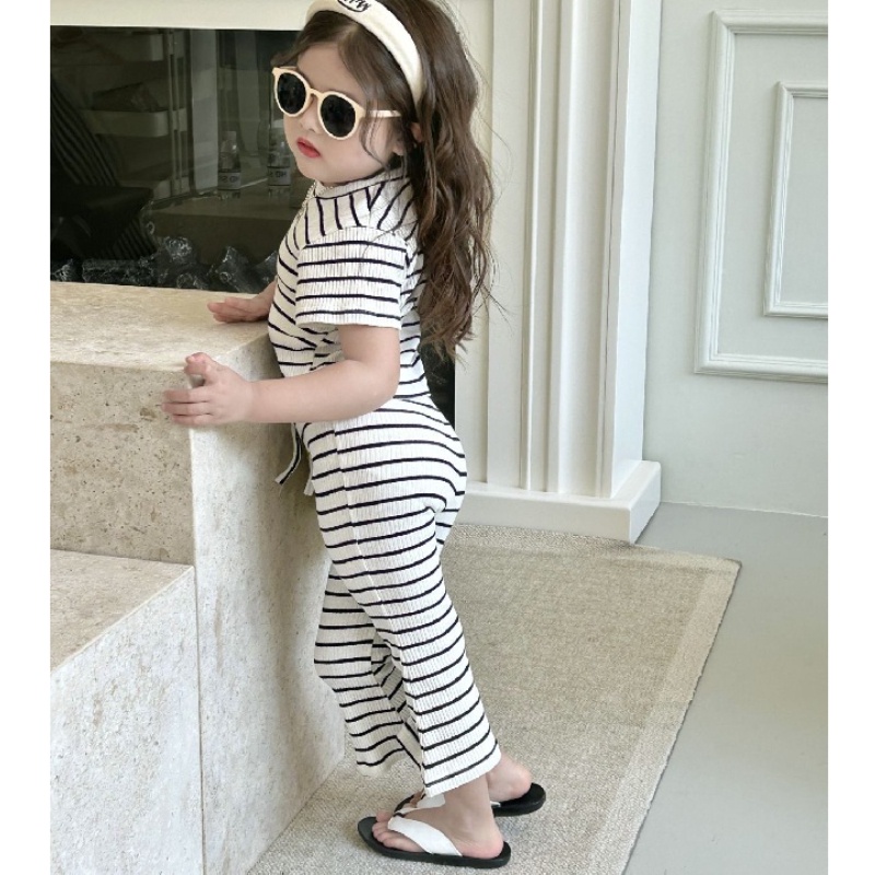 Bộ Áo Thun Kẻ Sọc + Quần Co Giãn Phong Cách Hàn Quốc Dễ Thương Cho Bé Gái