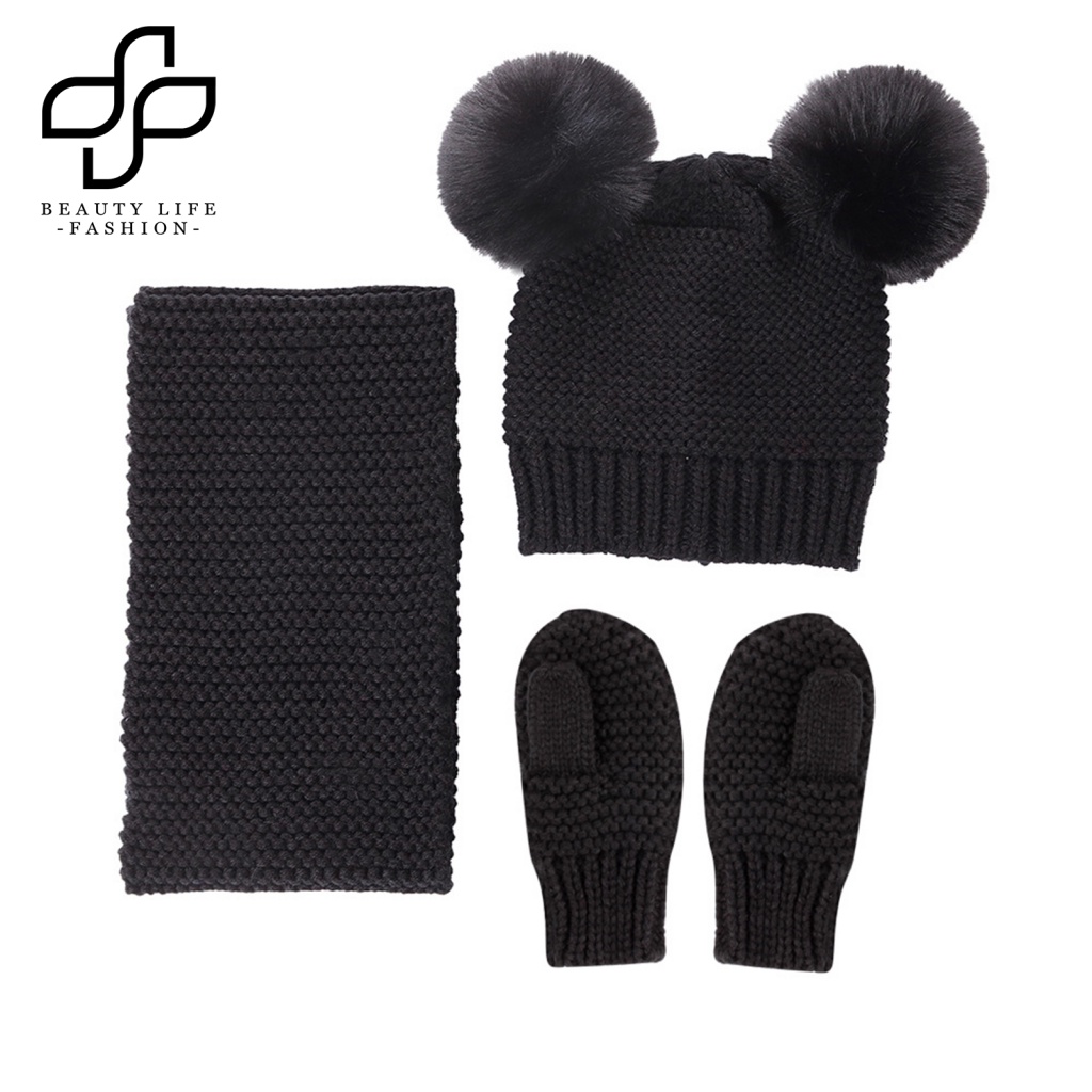 Bộ Nón + Găng Tay Dệt Kim Ấm Áp Màu Trơn Thời Trang Thu Đông Cho Bé
