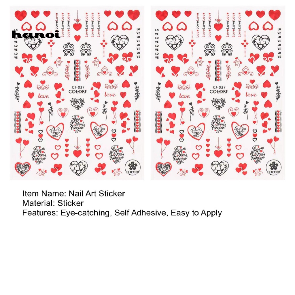 Bộ 2 Miếng Dán Móng Tay Tự Dính Không Phai Màu Chống Rơi Họa Tiết Trái Tim Màu Đỏ Dùng Trang Trí DIY