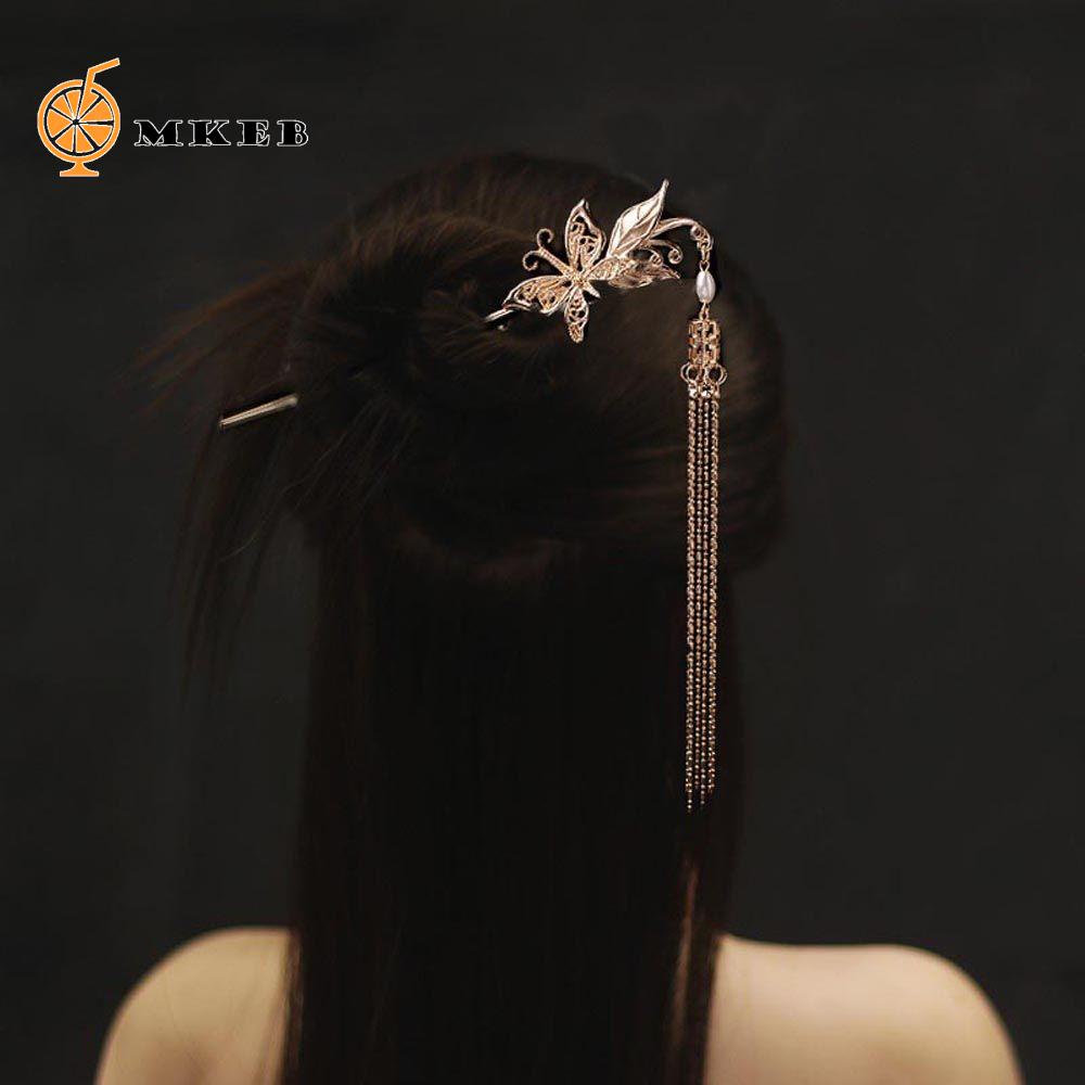 Trâm cài tóc MKEB họa tiết hoa và bướm đính ngọc trai phong cách Trung Hoa cổ điển thời trang cho nữ