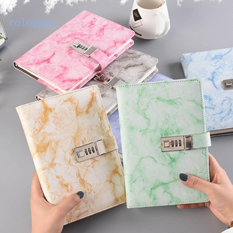 Sổ Nhật Ký Bìa Da PU Họa Tiết Cẩm Thạch Bí Mật Khổ A5 Có Khóa Mã Số