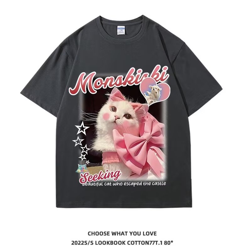 Áo Thun Ngắn Tay Dáng Rộng In Hình Mèo Thời Trang Mùa Hè Cá Tính