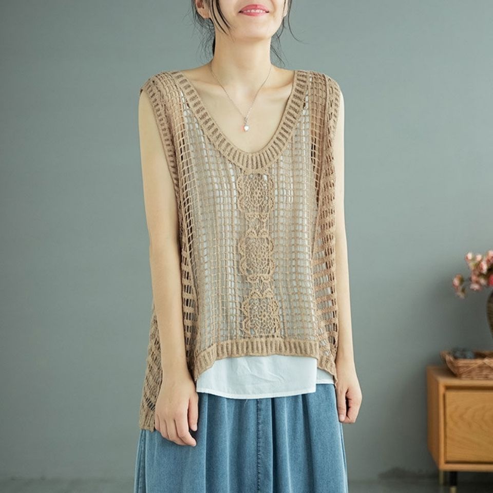 Áo Dệt Kim Cotton Cổ Yếm Không Tay Dáng Rộng Thoáng Khí Thêu Họa Tiết Thời Trang Mùa Hè Mới 2023