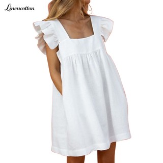 Đầm Sát Nách Cổ Vuông Dáng Rộng Vải Lanh Cotton Phối Bèo Thời Trang Cho Nữ