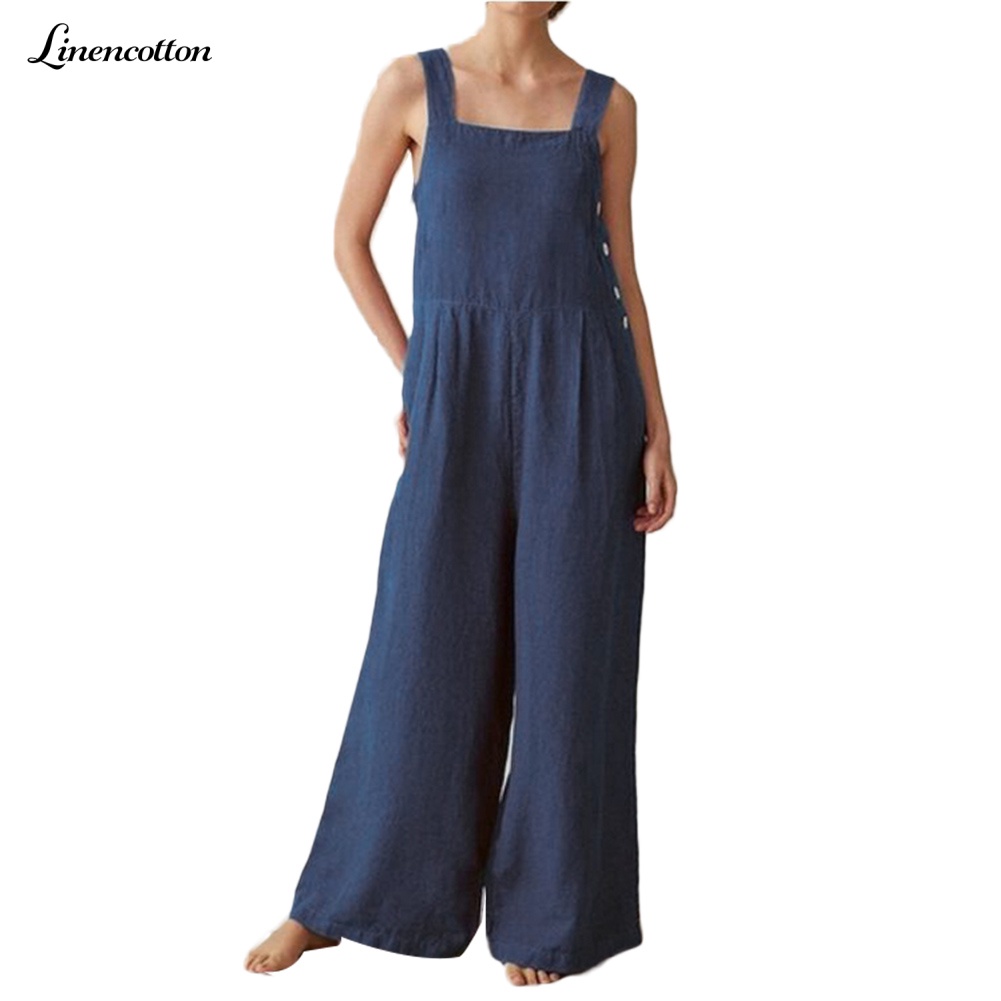 Quần Yếm Vải Lanh Cotton Ống Rộng Phối Nút Thời Trang Dành Cho Nữ