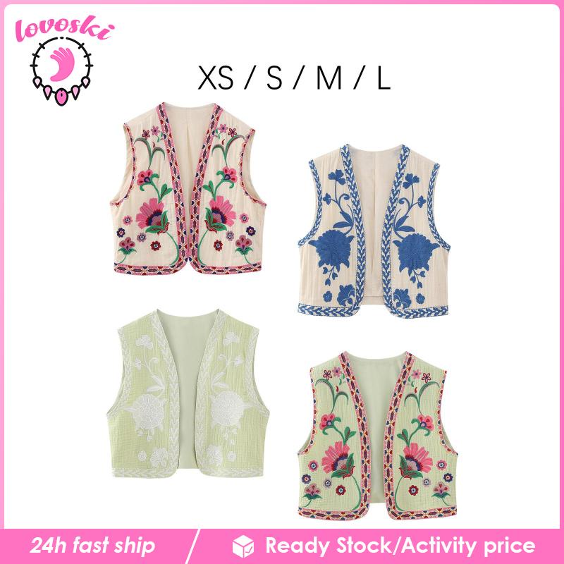 [Lovoski] Áo Crop Top Không Tay Thêu Hoa Phong Cách Cổ Điển Dành Cho Nữ