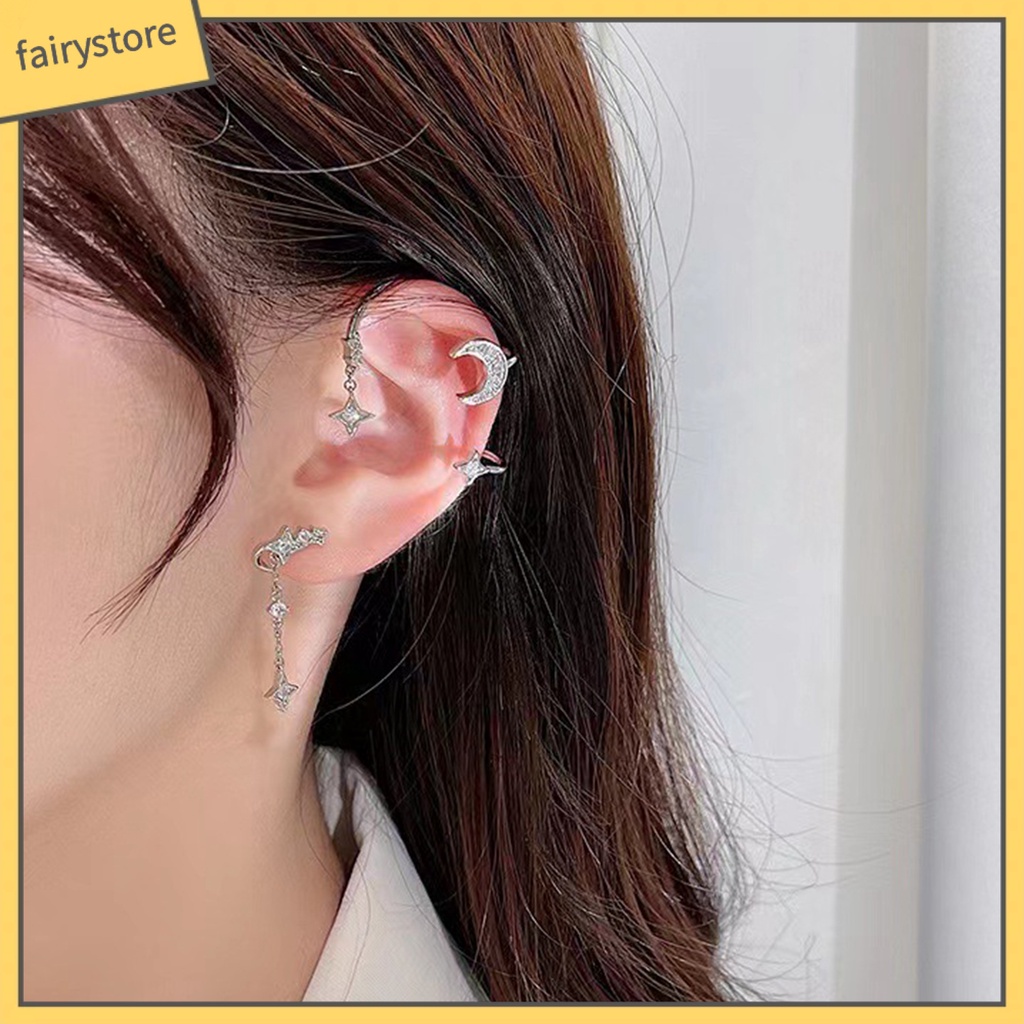 1 Đôi Bông Tai Kẹp Hình Ngôi Sao / Mặt Trăng Đính Đá Lấp Lánh