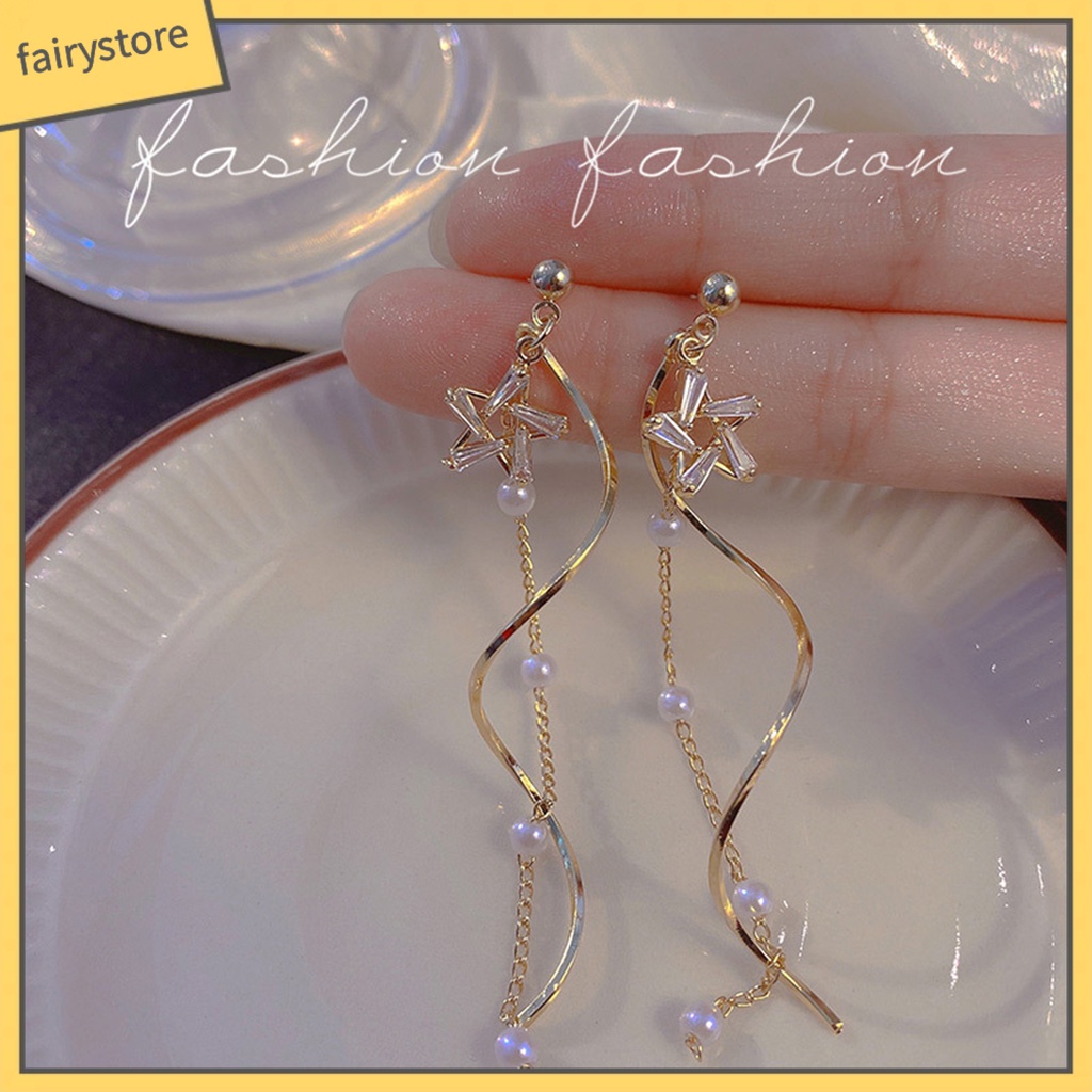 1 Đôi Bông Tai Dáng Dài Hình Ngôi Sao Đính Ngọc Trai Nhân Tạo Thời Trang