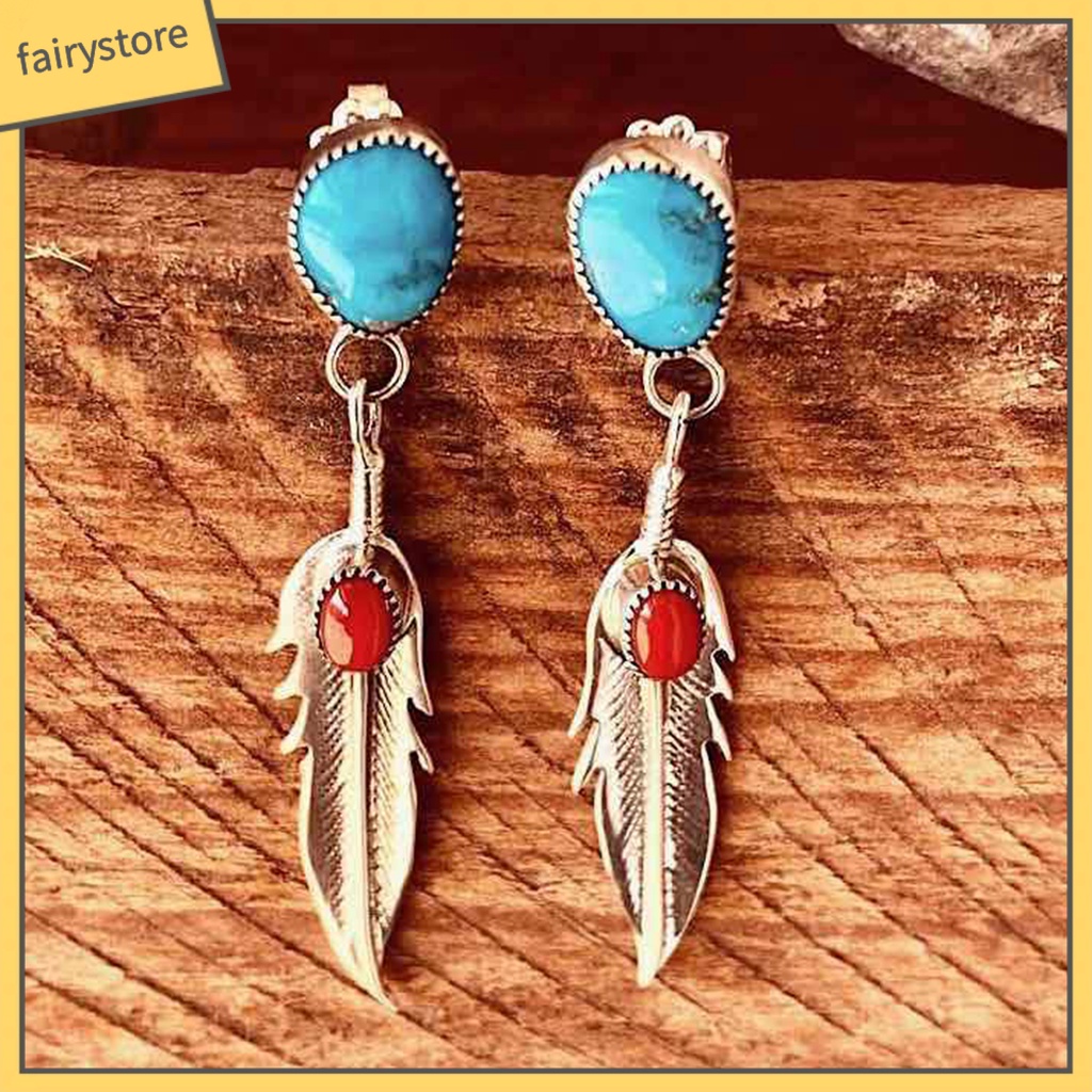 1 Đôi Bông Tai Dáng Dài Hình Lông Vũ Đính Đá Ngọc Lam Giả Thanh Lịch