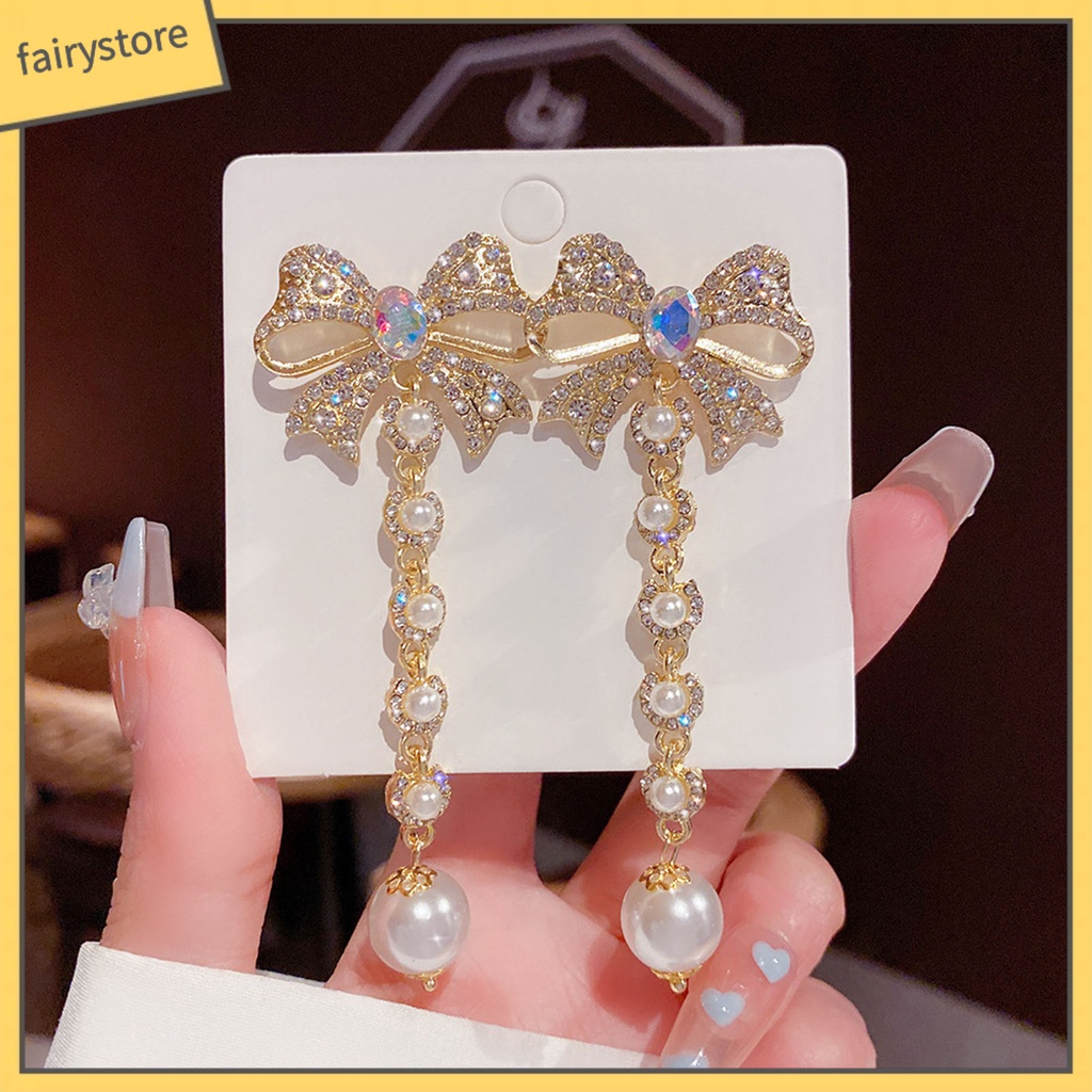 1 Đôi Bông Tai Hình Nơ / Trái Tim Đính Đá / Ngọc Trai Giả Lấp Lánh Thời Trang