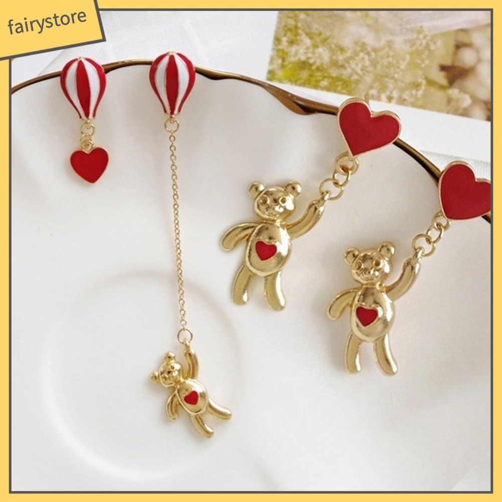 [FRO] Khuyên Tai Bất Đối Xứng Hình Khinh Khí Cầu Trái Tim Gấu Ngọt Ngào Cho Nữ