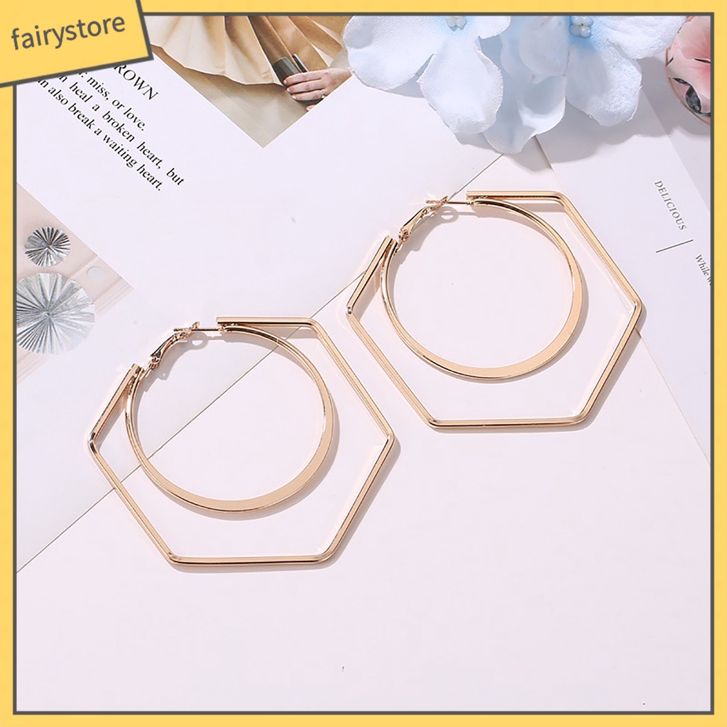 1 Đôi Bông Tai Hình Lục Giác / Tròn Lớn Độc Đáo Thời Trang Cho Nữ