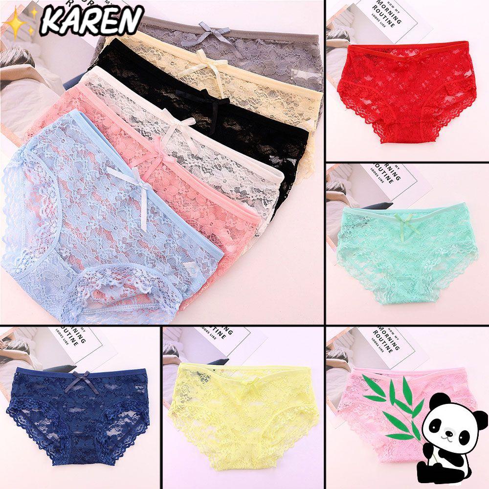 Quần Lót Cotton Phối Ren Hoa Rỗng Trong Suốt Thoáng Khí Đính Nơ Cho Nữ