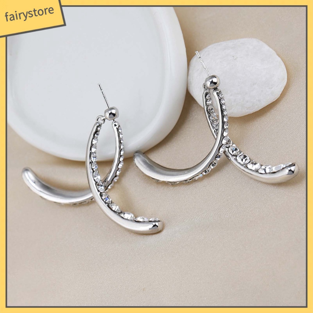 [FRO] 1 Đôi Bông Tai Hợp Kim Dạng Cong Đính Kim Cương Giả Tinh Tế Sử Dụng Hàng Ngày