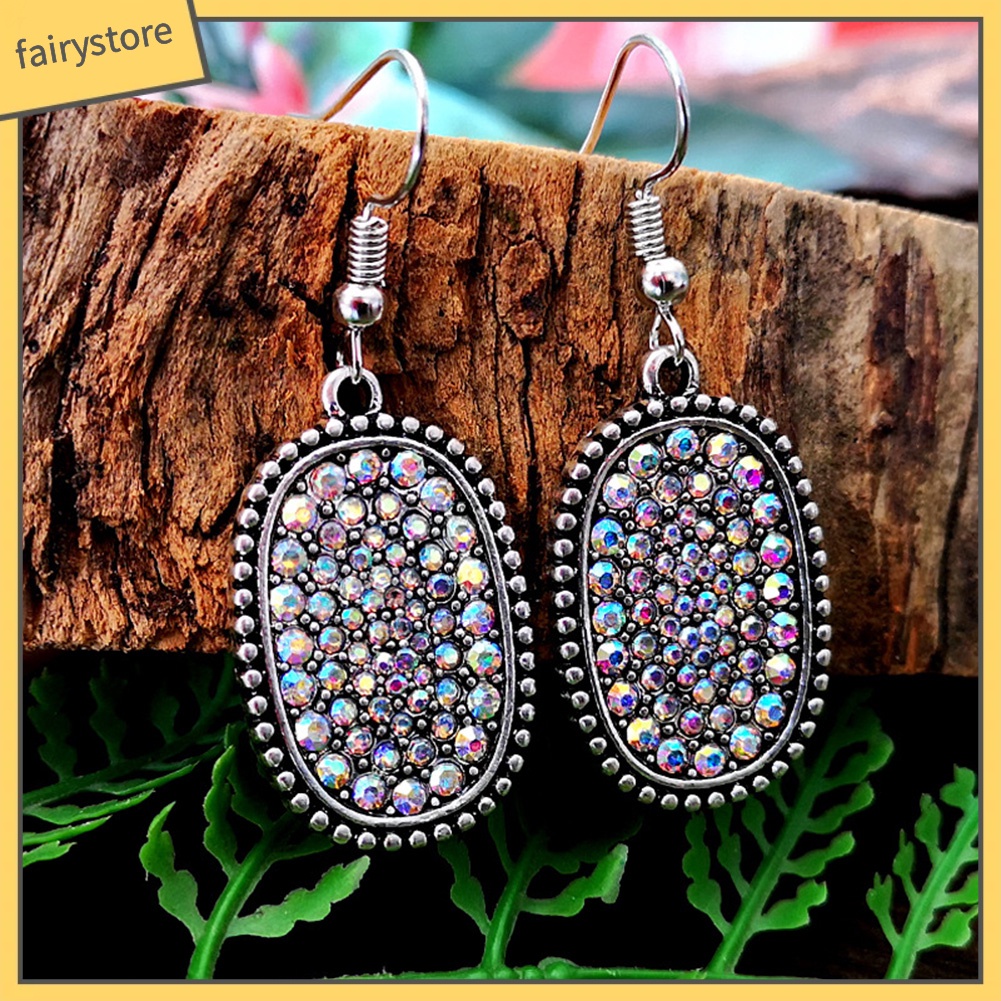 Bông Tai Hình Oval Đính Kim Cương Giả Nhiều Màu Phong Cách Vintage