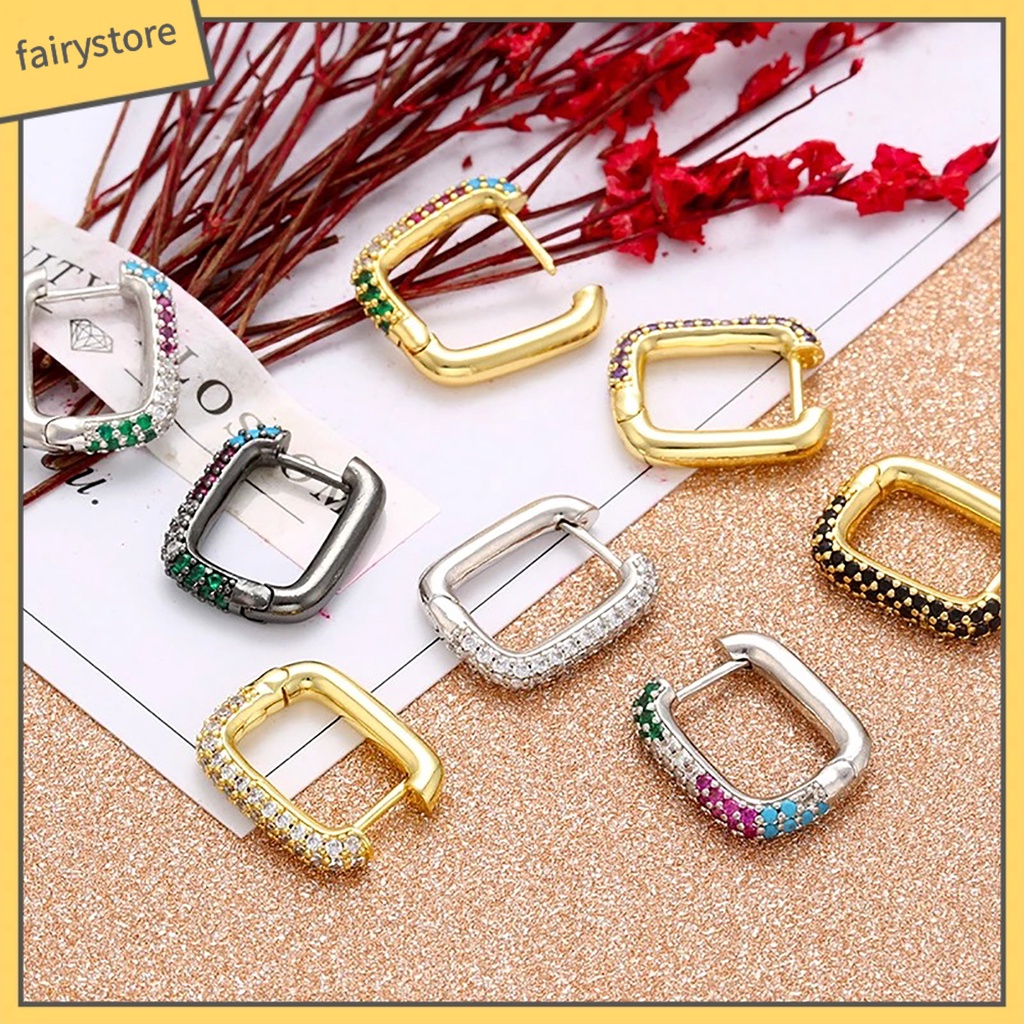 1 Đôi Bông Tai Hình Vuông Đính Đá Mạ Điện Không Gây Dị Ứng Phong Cách Vintage Phương Tây