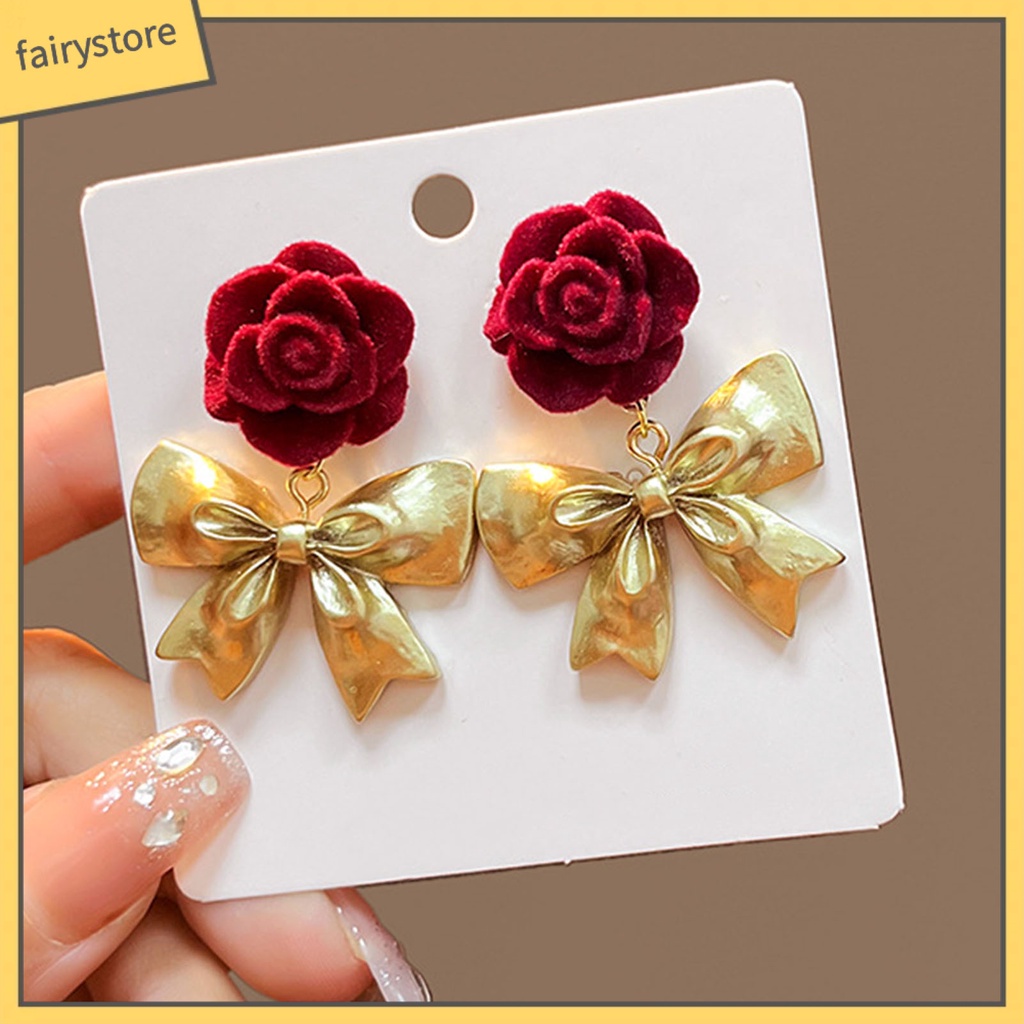 [FRO] 1 Đôi Bông Tai Thả Mạ Bạc Họa Tiết Hoa Hồng / Nơ Dáng Dài Lãng Mạn Cao Cấp