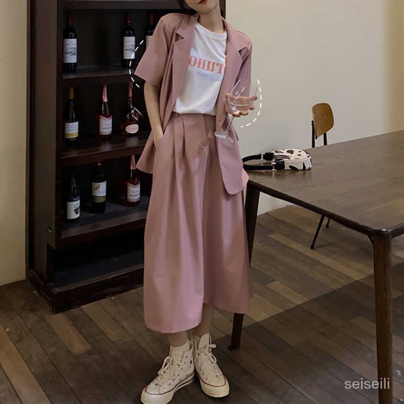 Japanese college style chic fashionable pink short-sleeved suit casual cool style high-end dress two-piece suit