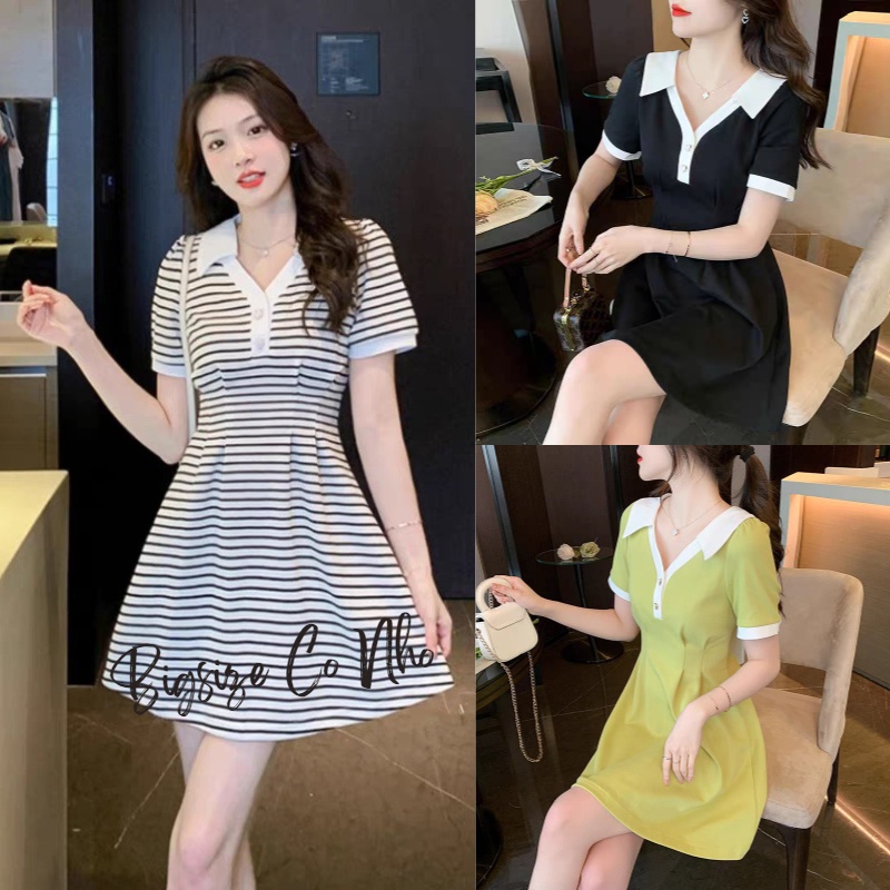 Đầm thiết kế Bigsize Cô Nhỏ nữ tay ngắn cổ bẻ liền dáng xòe, Váy big size chất gân tăm co giãn nữ G87