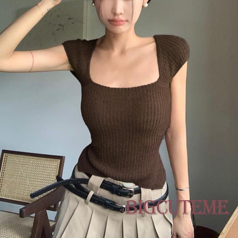 Áo Thun Dệt Kim Ngắn Tay Cổ Vuông Thắt Dây Thời Trang Đường Phố Dành Cho Nữ
