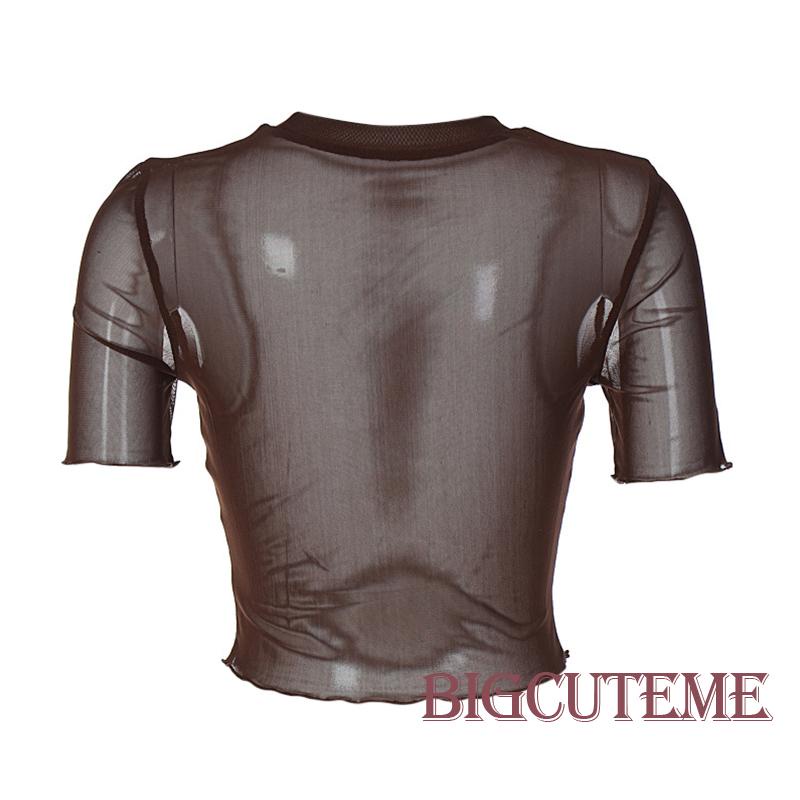 Áo Thun Lưới Tay Ngắn Cổ Tròn Thêu Chữ Phong Cách Đường Phố Cho Nữ