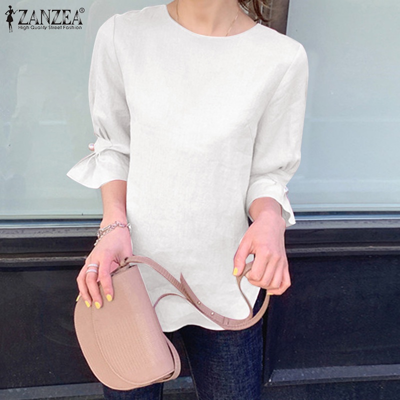 Zanzea Áo Thun Nữ Tay Lửng Cổ Tròn Màu Trơn Phong Cách Hàn Quốc