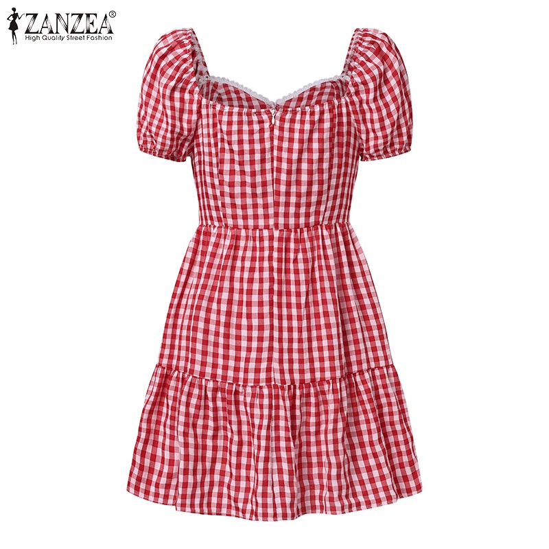 Zanzea Đầm Tay Phồng Cổ Vuông Họa Tiết Sọc Caro Phong Cách Hàn Quốc Thời Trang Cho Nữ