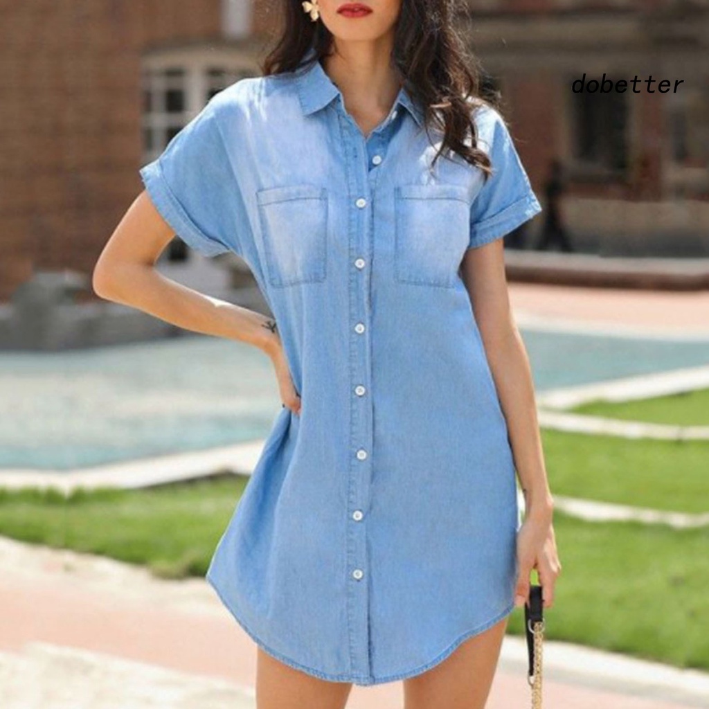 Đầm Sơ Mi Denim Tay Ngắn Màu Sắc Thời Trang Dành Cho Nữ