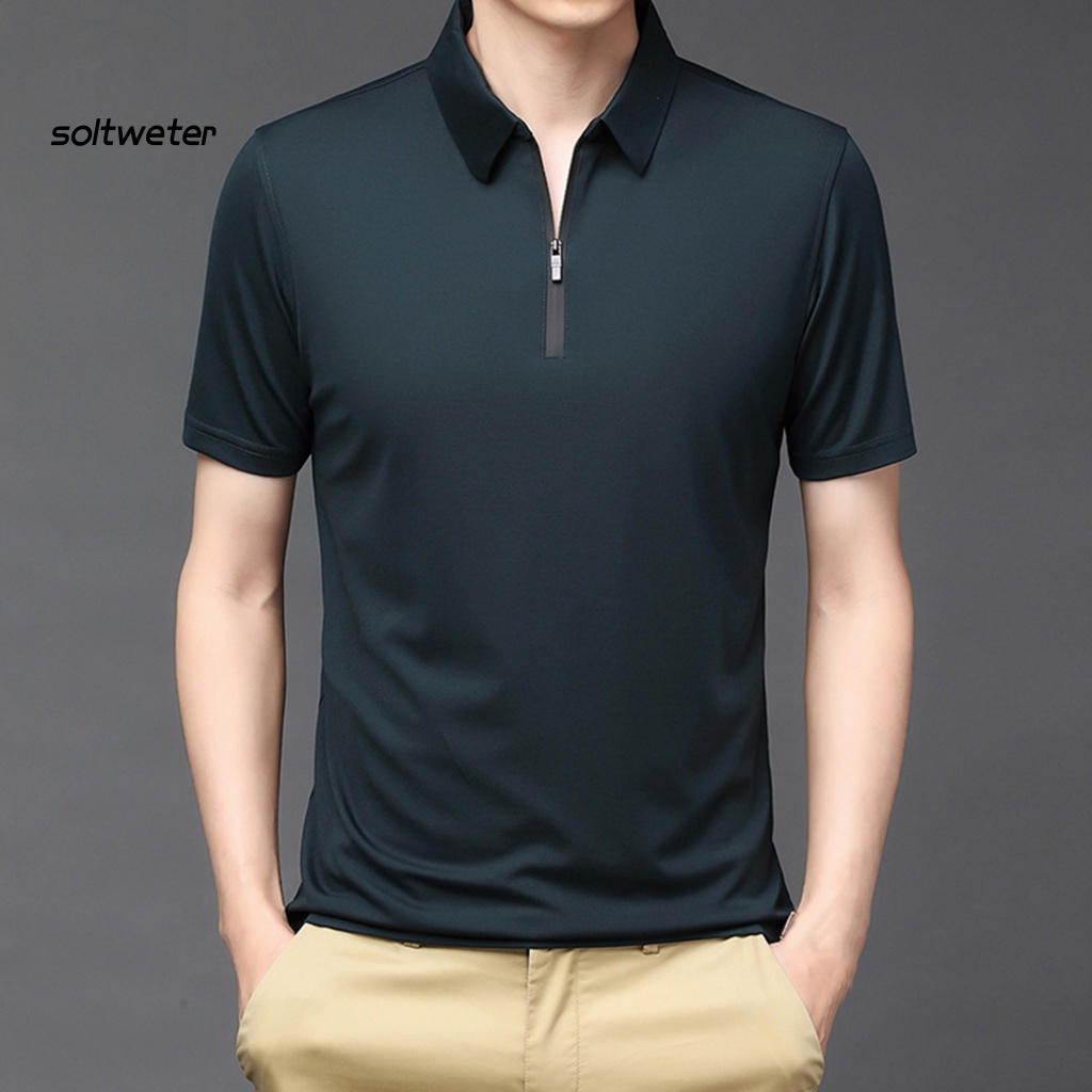 Áo Sơ Mi Tay Ngắn Cổ Bẻ Màu Sắc Đơn Giản Có Khóa Kéo Thời Trang Đường Phố Cho Nam