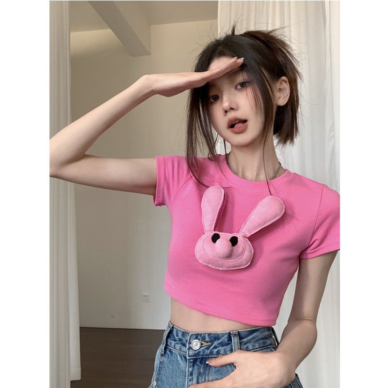 Áo Thun Tay Ngắn Cổ Tròn Ôm Dáng Họa Tiết Thỏ Ba Chiều Thời Trang Mùa Hè Quyến Rũ Cho Nữ