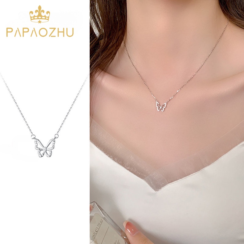 PAPAOZHU Vòng cổ Bạc S925 Mặt Hình Bươm Bướm Đính Đá Zircon Phong Cách Hàn Quốc Cho Nữ