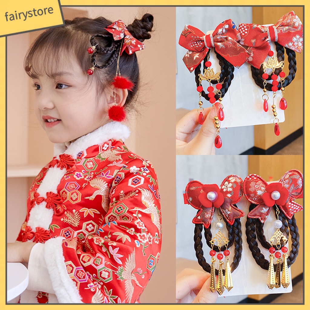 1 Cặp Kẹp Tóc Giả Đính Nơ Tua Rua Phong Cách Trung Hoa Ngọt Ngào Cho Bé Gái