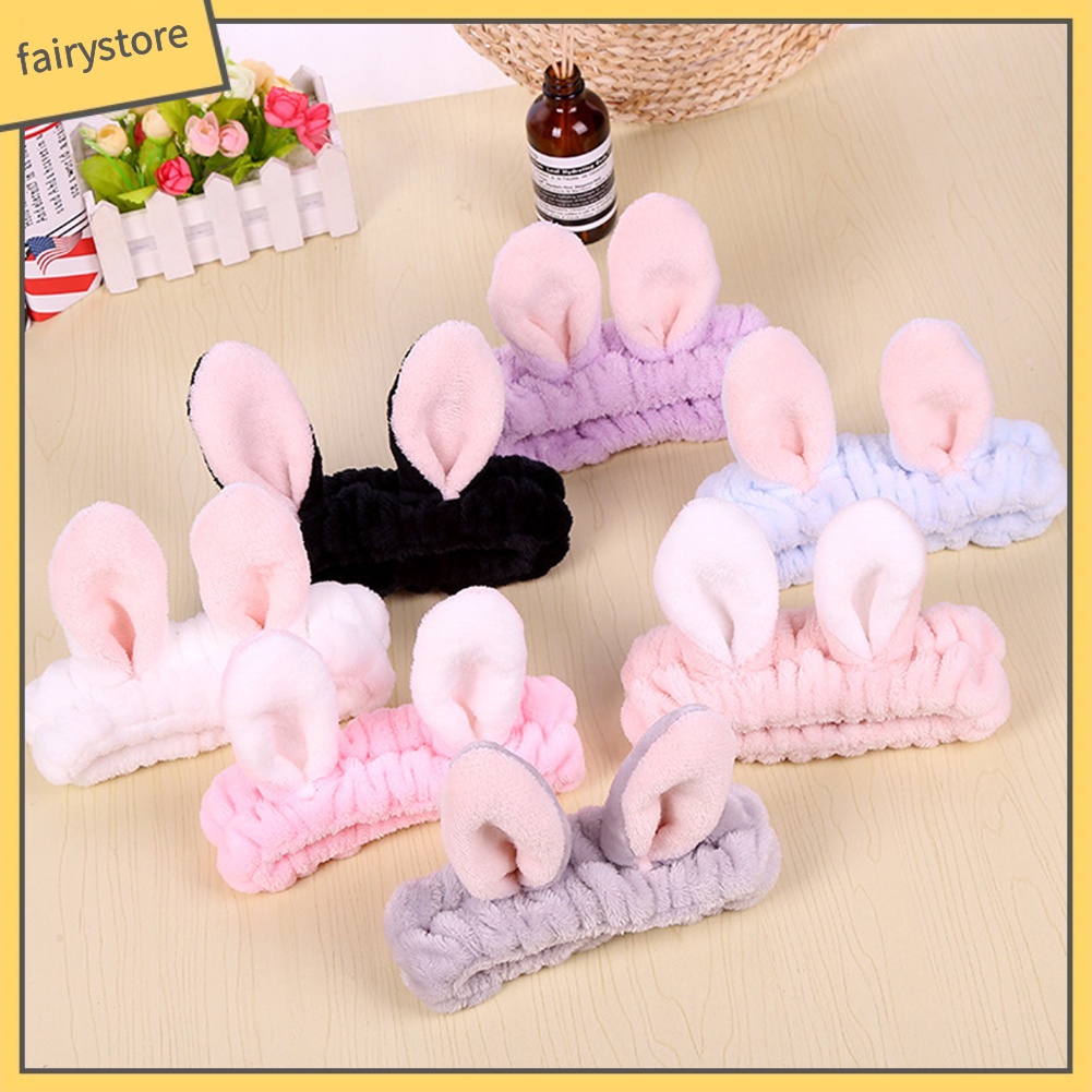 Băng Đô Tai Thỏ Bằng Vải Flannel Co Giãn Dễ Thương Dành Cho Nữ Rửa Mặt