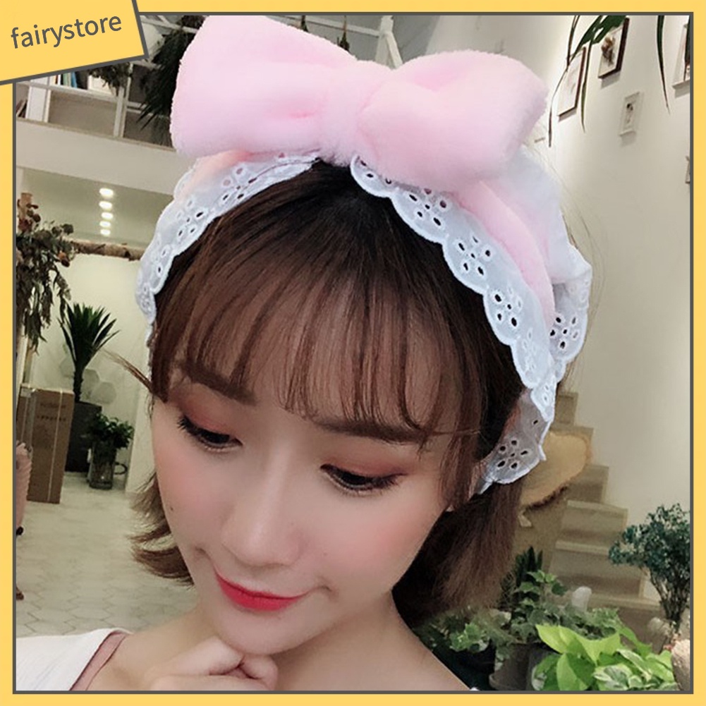 Băng Đô Rửa Mặt Trang Điểm Bằng Lông Cừu San Hô Co Giãn Cột Nơ Phối Ren Cho Nữ