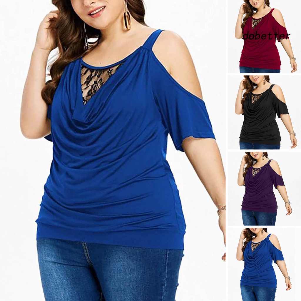Áo Thun Tay Ngắn Cổ Tròn Màu Trơn Phối Ren Xuyên Thấu Plus Size Thời Trang Mùa Hè Cho Nữ