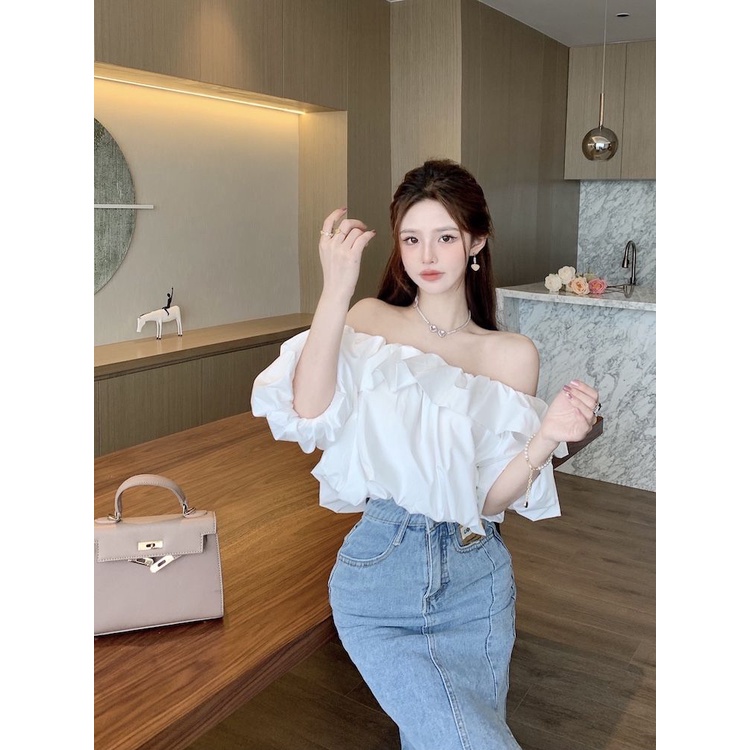 COZOK Áo peplum Trễ Vai Tay Phồng Ngắn Gợi Cảm Cho Nữ