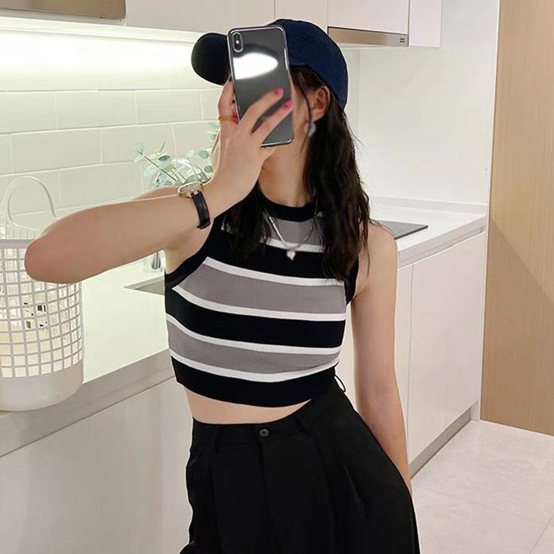 Áo Tank Top Hai Dây Cổ Tròn Họa Tiết Kẻ Sọc Phong Cách Hàn Quốc Thời Trang Quyến Rũ Cho Nữ